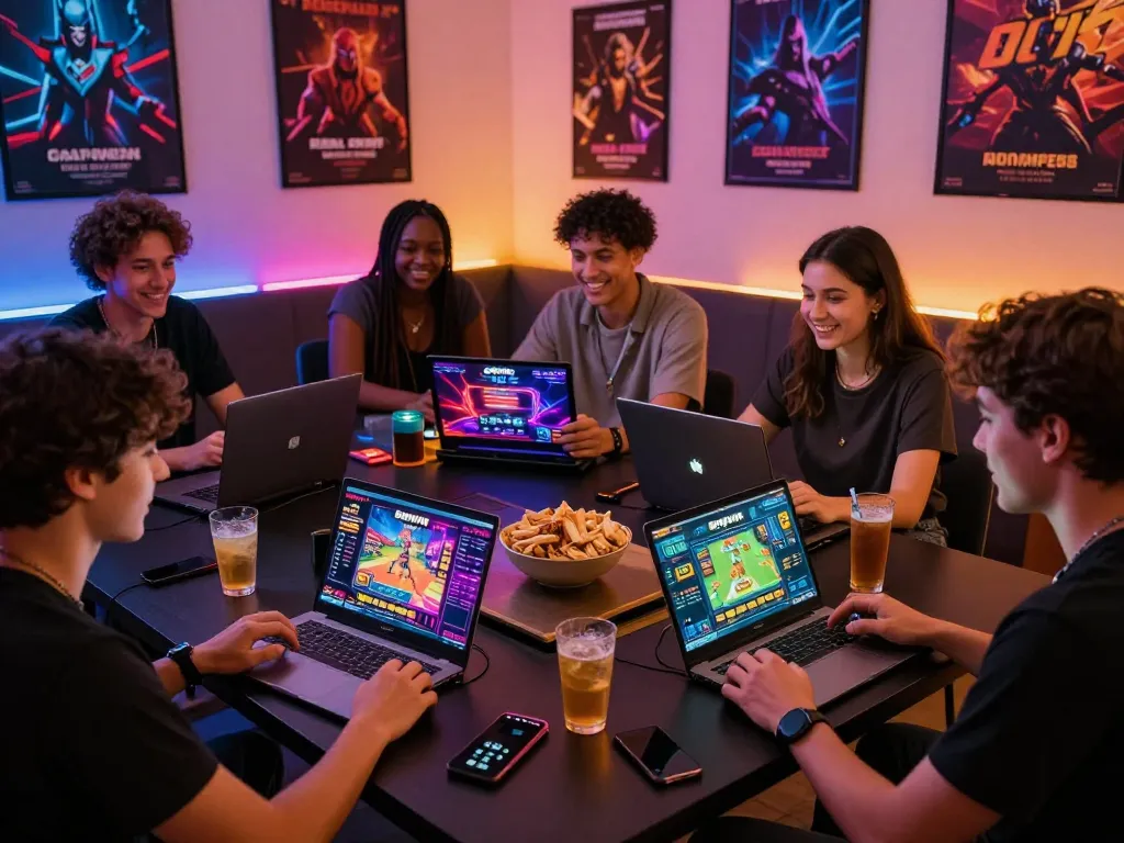 Friends enjoying an engaging Bomwin online gambling experience with vibrant gaming interfaces and snacks.