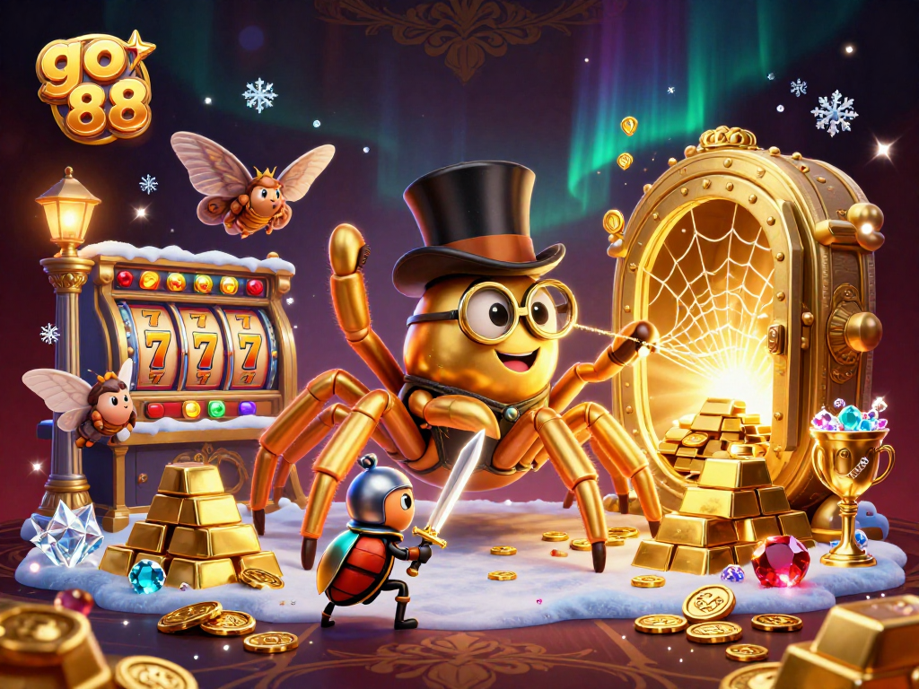 Experience go 88 excitement with a brave beetle knight and a giant tarantula in a vibrant casino scene.
