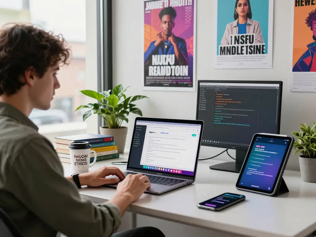 Creative workspace depicting a content creator managing NSFW discussions, showcasing trendy decor and digital tools.