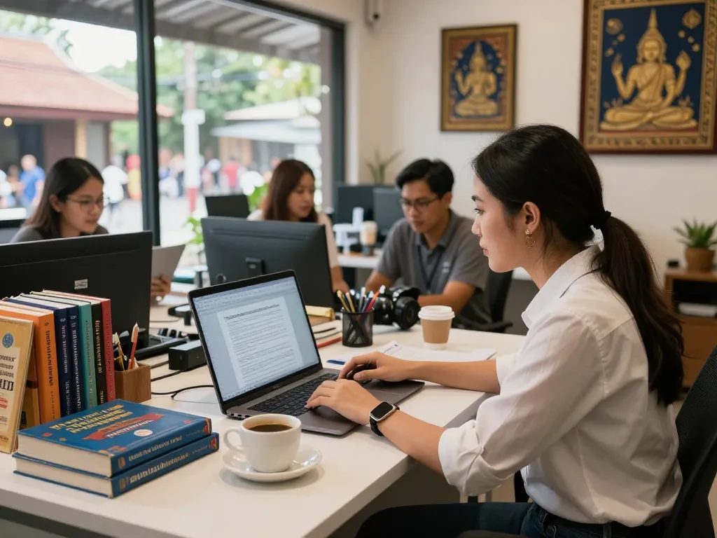 Translation Services in Chiang Mai office with translator working on documents in a professional environment