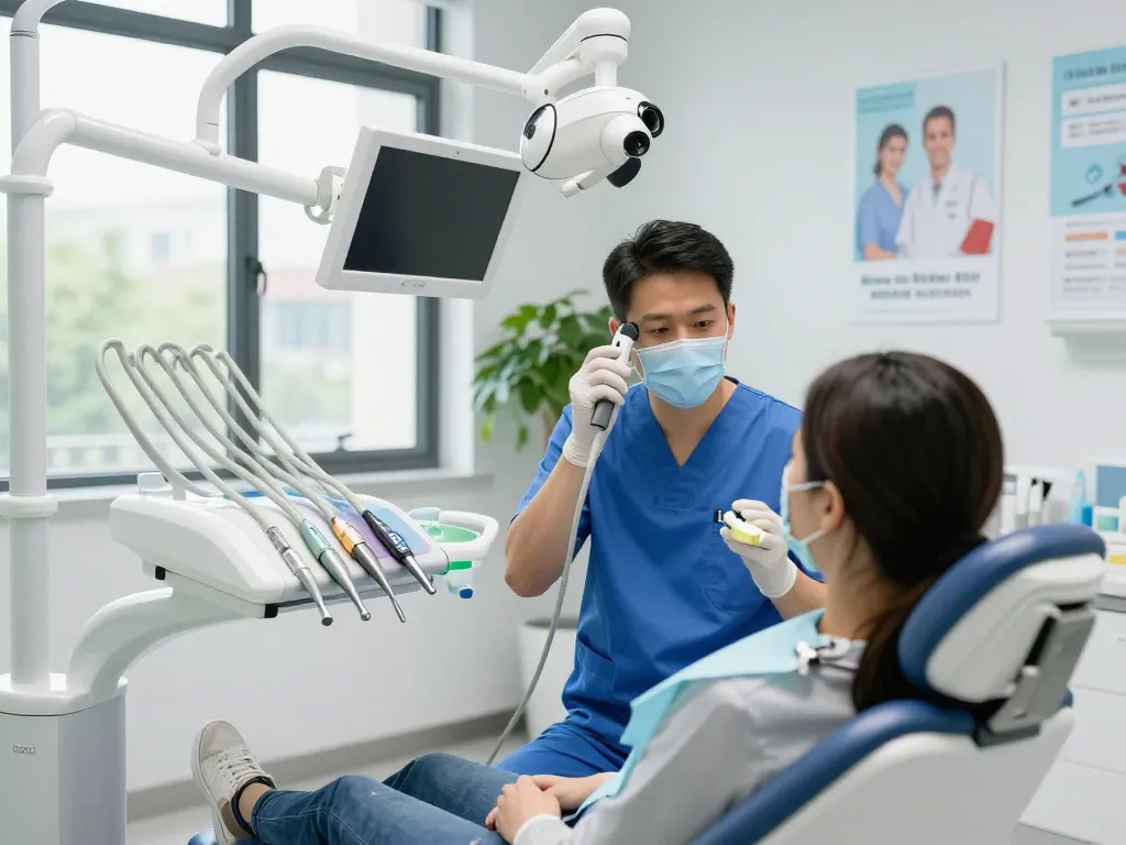 Dental reviews showcasing modern equipment in use by a dental professional during patient examination in a bright clinic.