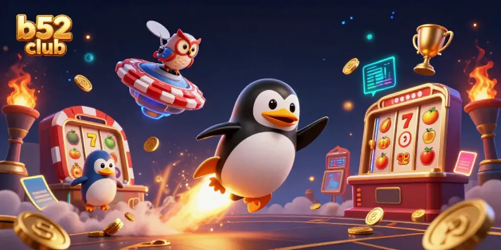 Experience thrilling gameplay at b52 club with golden penguins and slot machines.