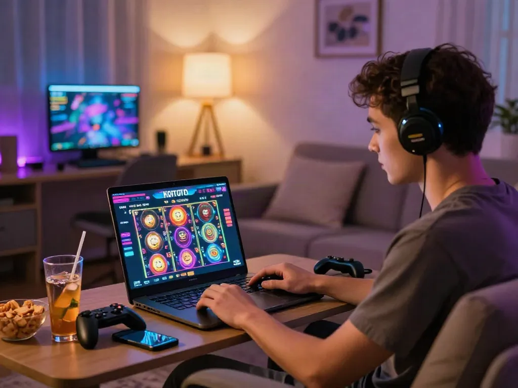 Engaging player exploring situs slot games on KOITOTO platform in a cozy gaming setup.