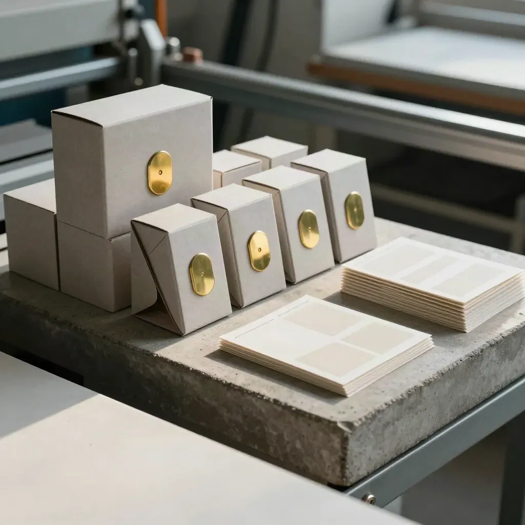 Brass packaging prototypes and boxed identity kit on a concrete plinth in a press room.