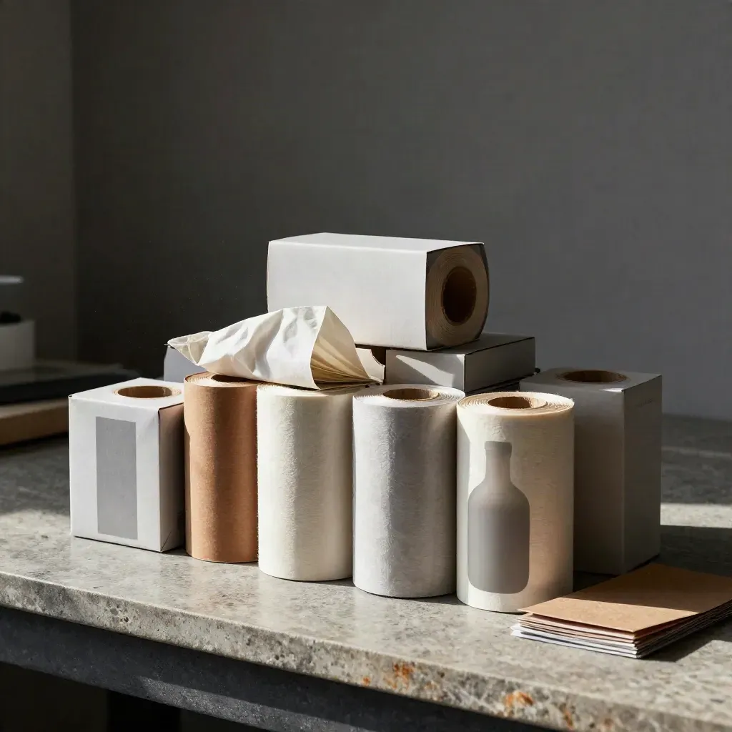 Carton blanks, label rolls, tissue wrap, and a sample bottle on a stone packaging bench.