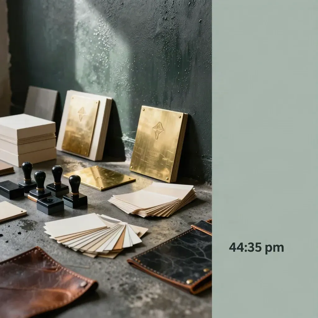 Industrial design studio floor with box prototypes, brass plates, swatches, and stamp blocks in moody light.