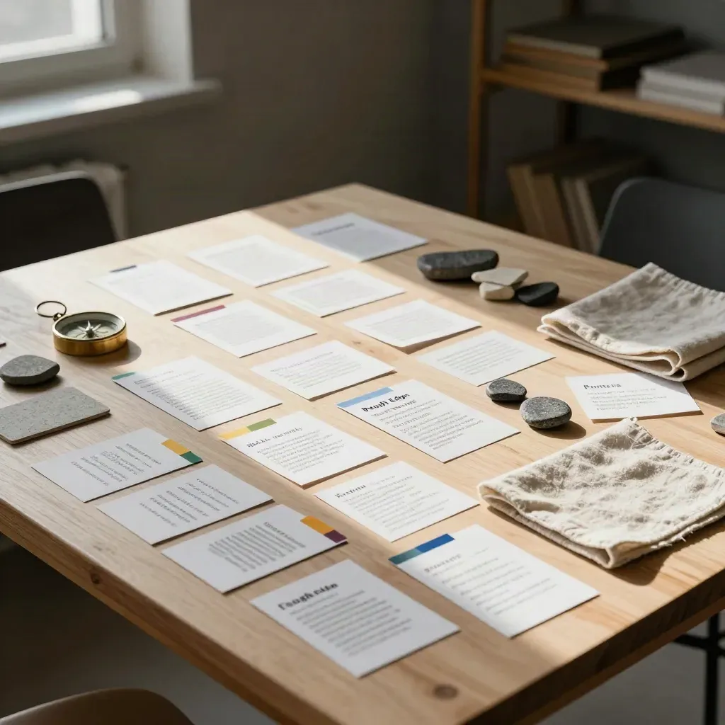 Strategy board with cue cards, tabs, compass, and stone samples on a pale wood table in warm light.