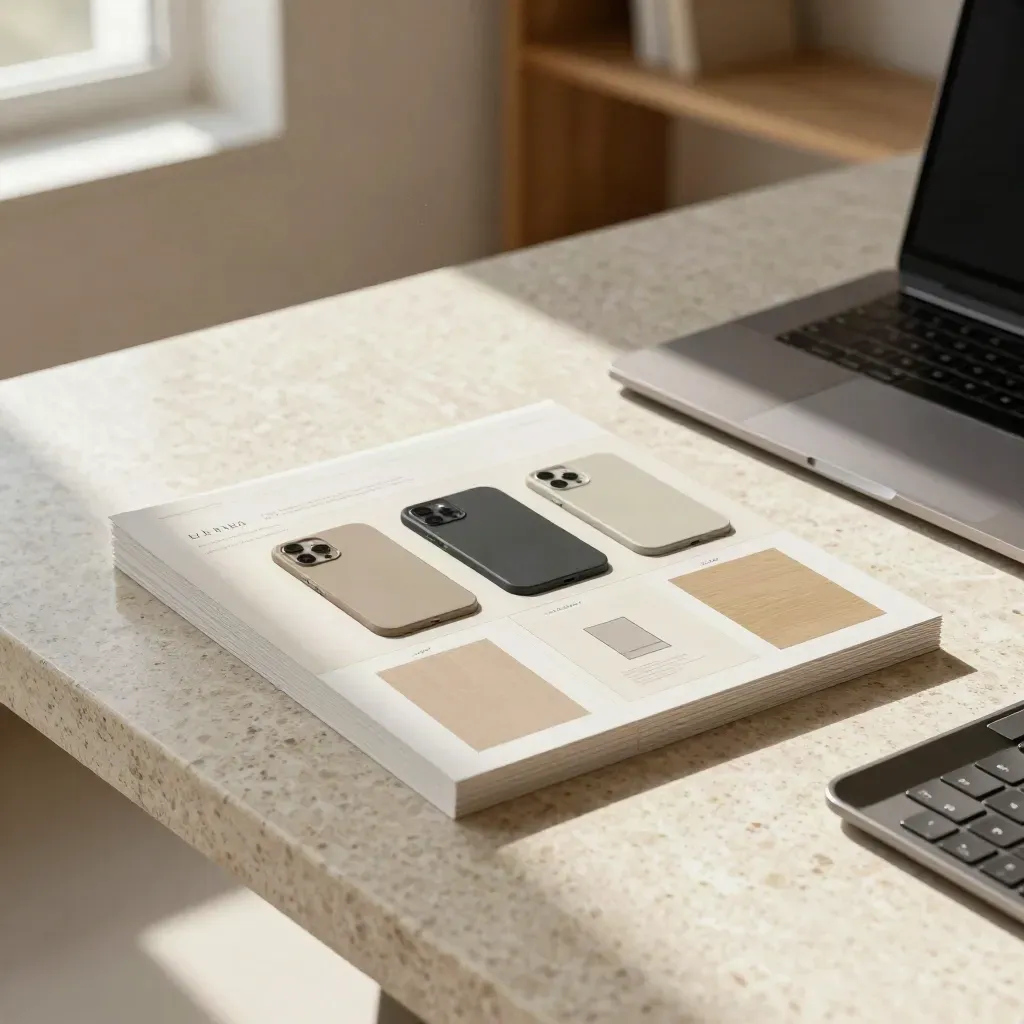 Warm website design mockup tiles, blank phone shells, layout cards, keyboard tray and closed laptop.