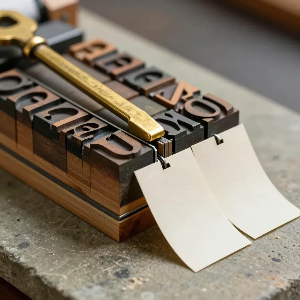Extreme macro of wood type blocks, brass composing tool, and spacing strips in a print shop grid.