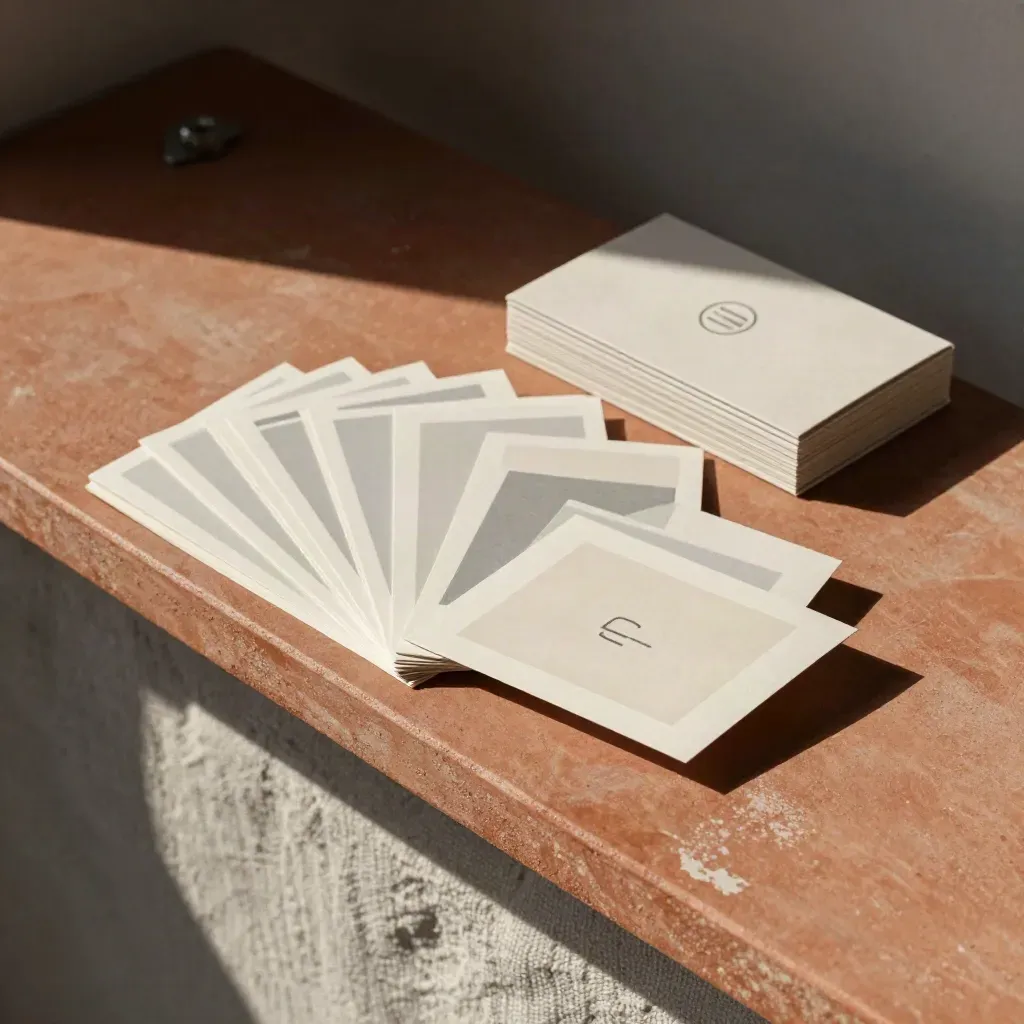 Fanned print cards and a folded box on a terracotta print bench in hard daylight.