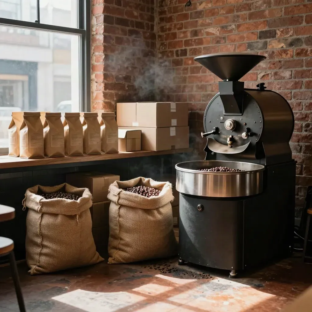 Brick roastery shelf with new coffee bags, cartons, and a compact roasting drum in warm steam.