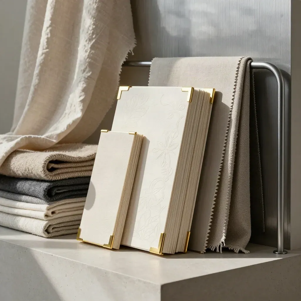 Textile bolts, sample cards, and a turned tablet stand in a refined studio corner.