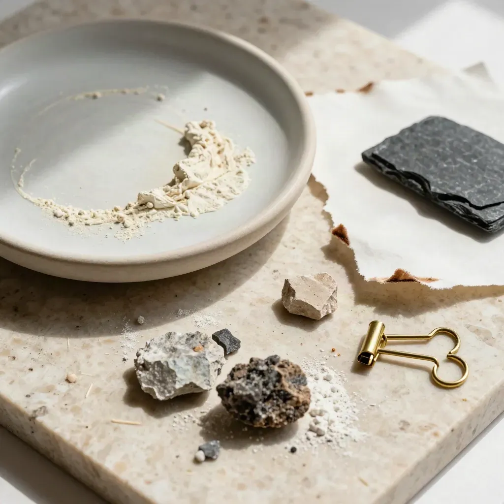 Macro mood board still life with ceramic dish, torn paper, mineral swatches and brass clamps on travertine.