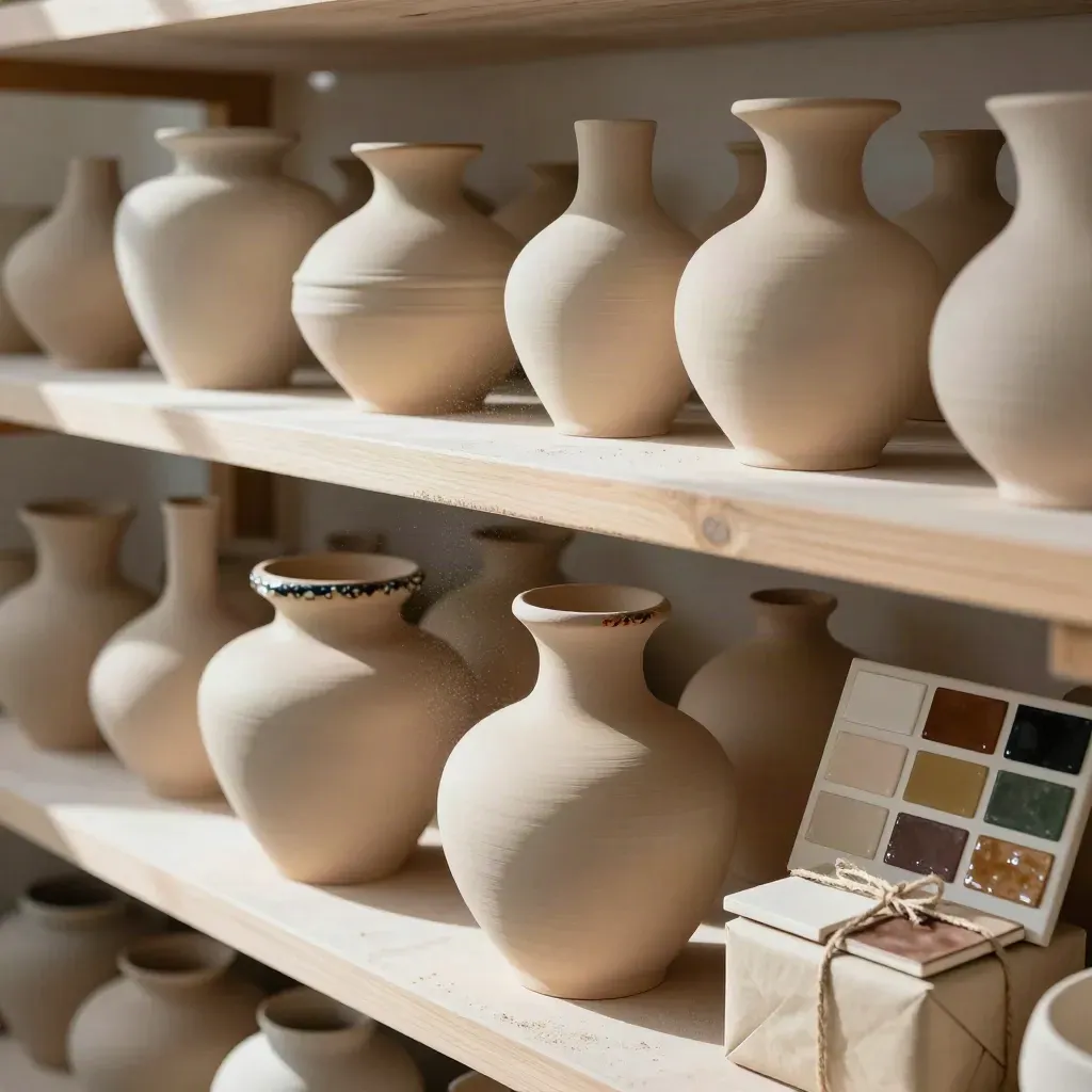 Stoneware vessels, wrapped gift boxes and glaze samples on a sunlit studio shelf.