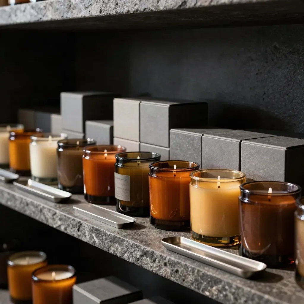 Matte candle boxes and wax jars on a dark stone shelf in warm haze, low dramatic light.