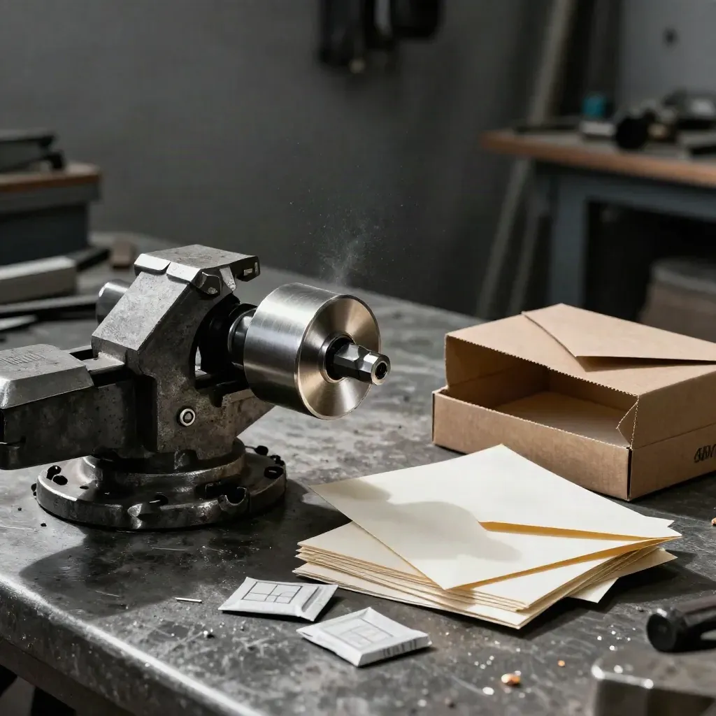 Machined tool heads and launch packaging on a charcoal workbench with drifting dust