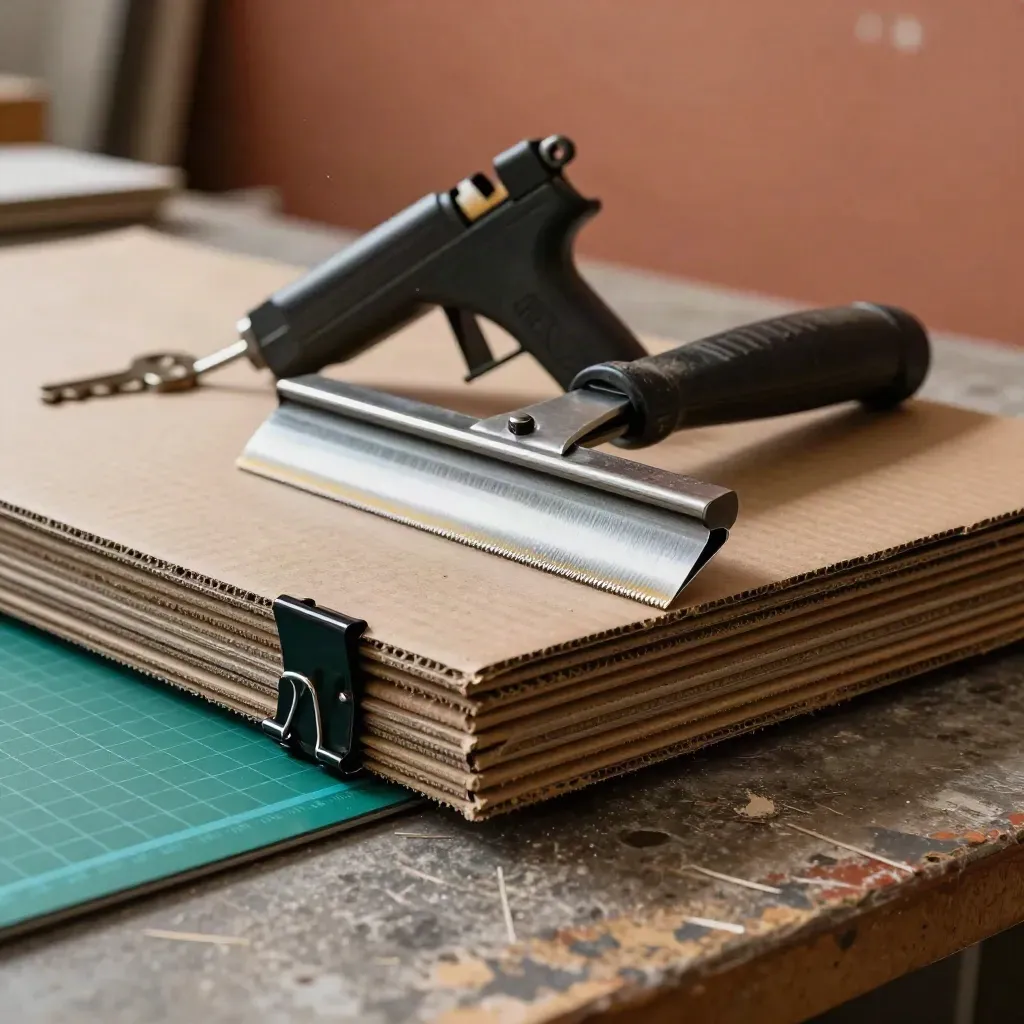 Packing tools and carton corners on a dramatic print-finishing bench