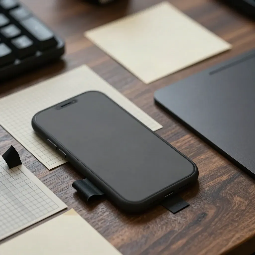 Macro still life of web design tools: phone mock shell, grid cards, sticky tabs, and trackpad.