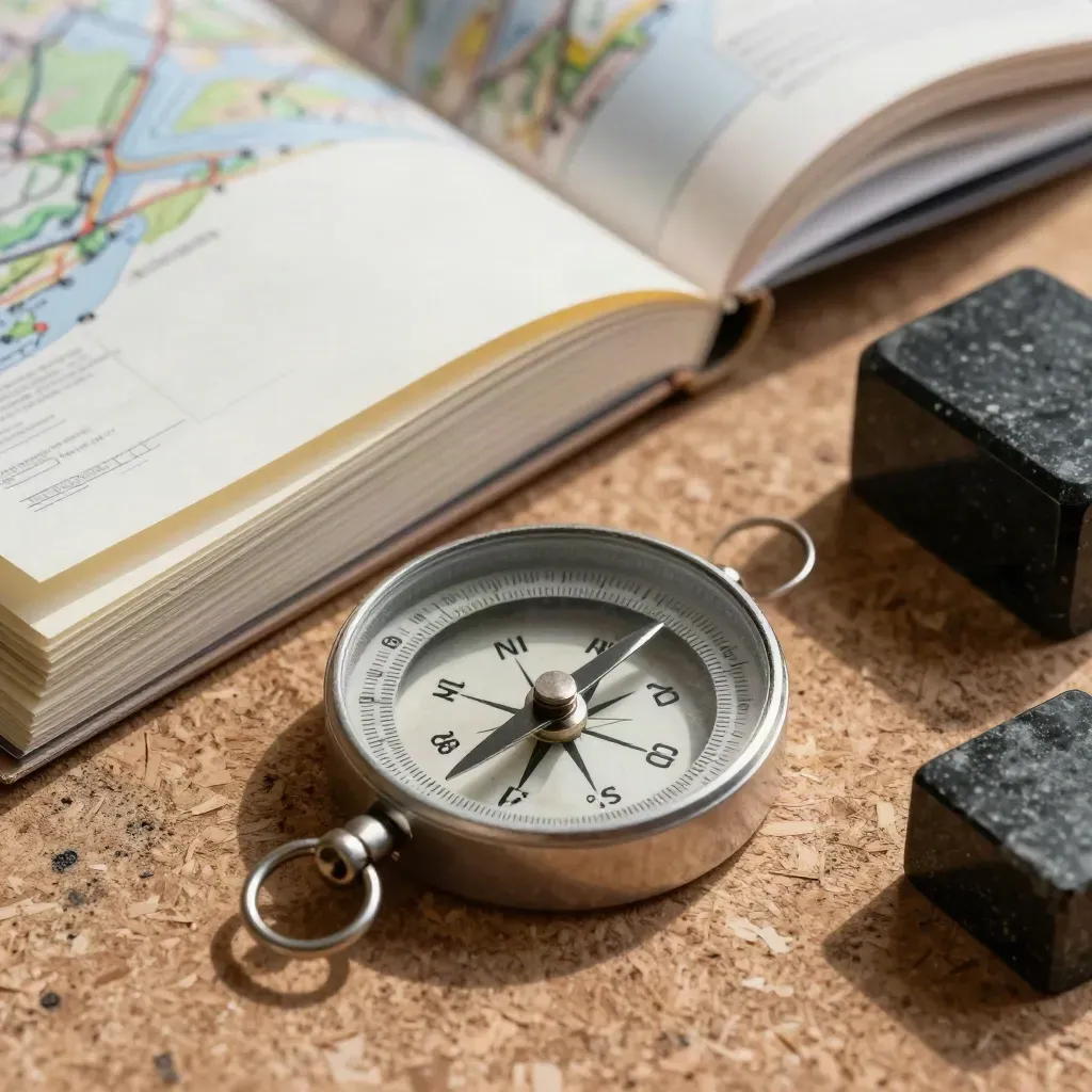 Compass, index cards, basalt weight, and folded board on cork under hard upper-left light.