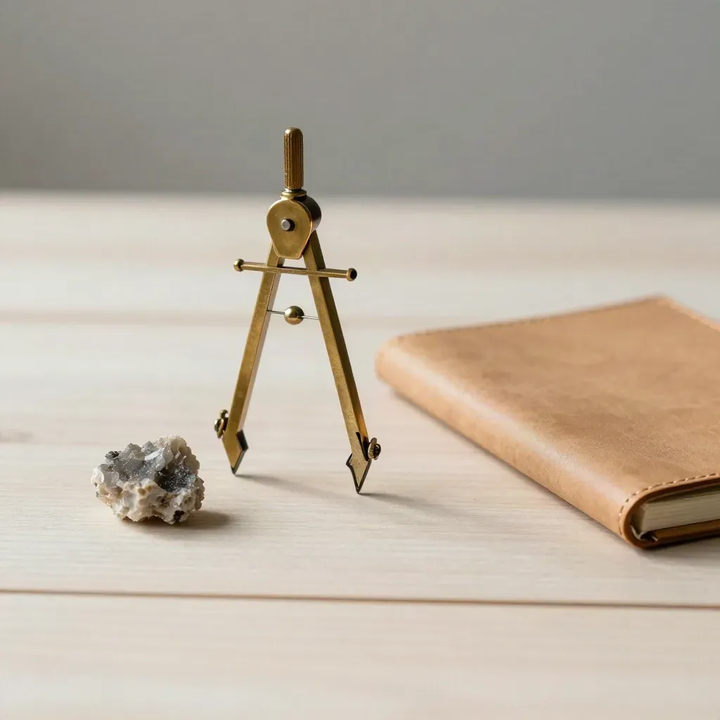 Brass compass, mineral sample and leather notebook on pale wood in soft side light.