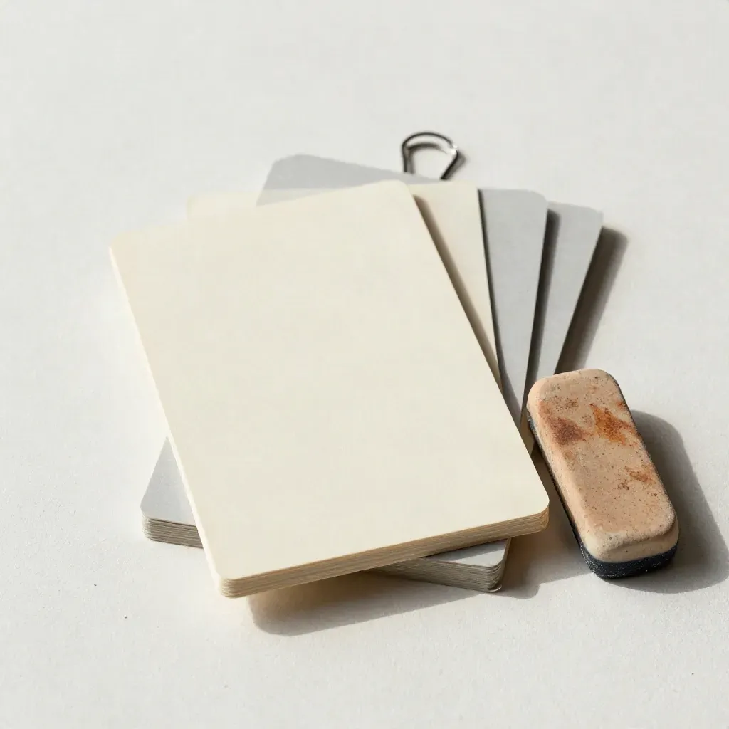 Layered proof cards, binder clip, and eraser on plaster in soft side light.