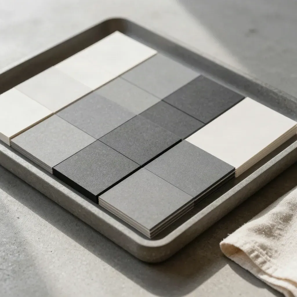 Stone tray with swatch strips, type blocks, paper sleeves, and folded cloth on concrete.