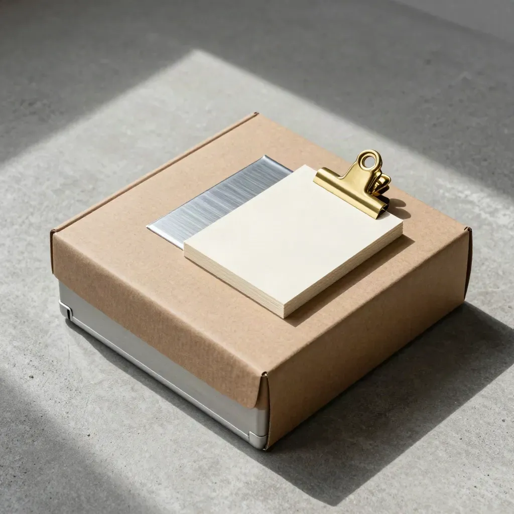 Overhead flatlay of a kraft delivery box, drive case, and clipped blank note cards on cool concrete.