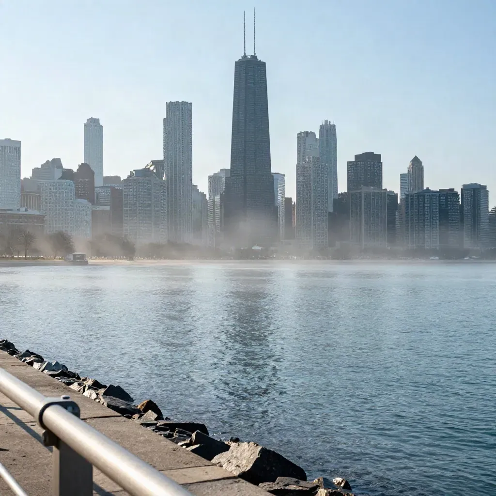 Chicago skyline above Lake Michigan in cool morning mist, skyline high with calm water below.