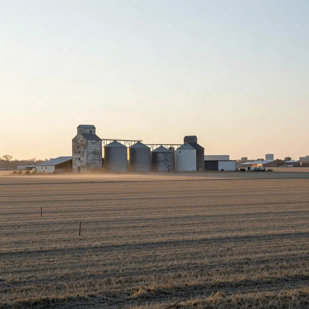 Wide Midwestern field with silos and a distant city edge at sunrise