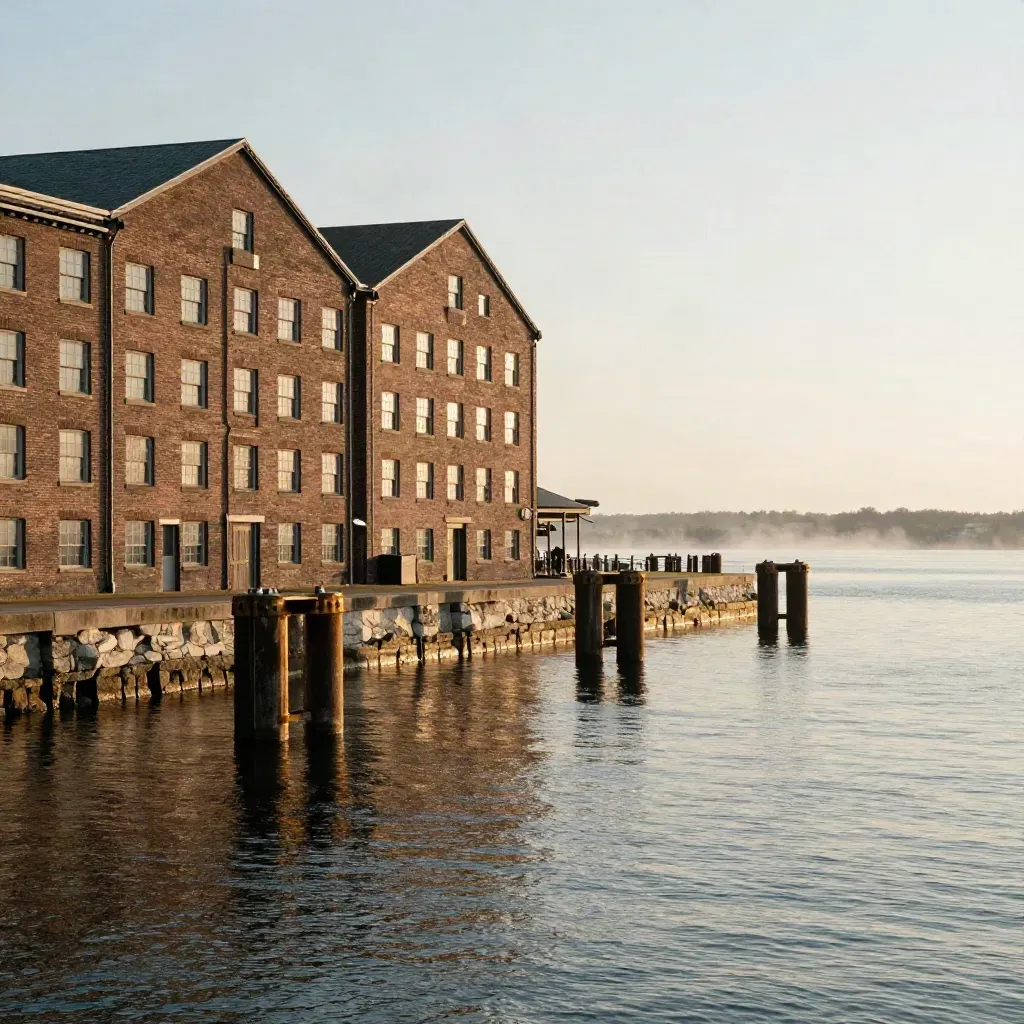 Golden dawn over Milwaukee riverfront warehouses, misty water and distant lake line.