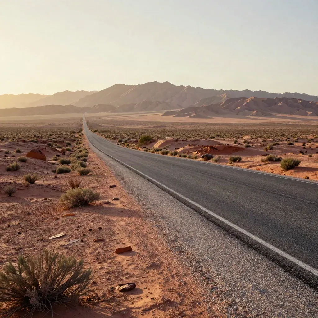 Desert plateau road fades into haze below a sunrise-lit mountain ridge.