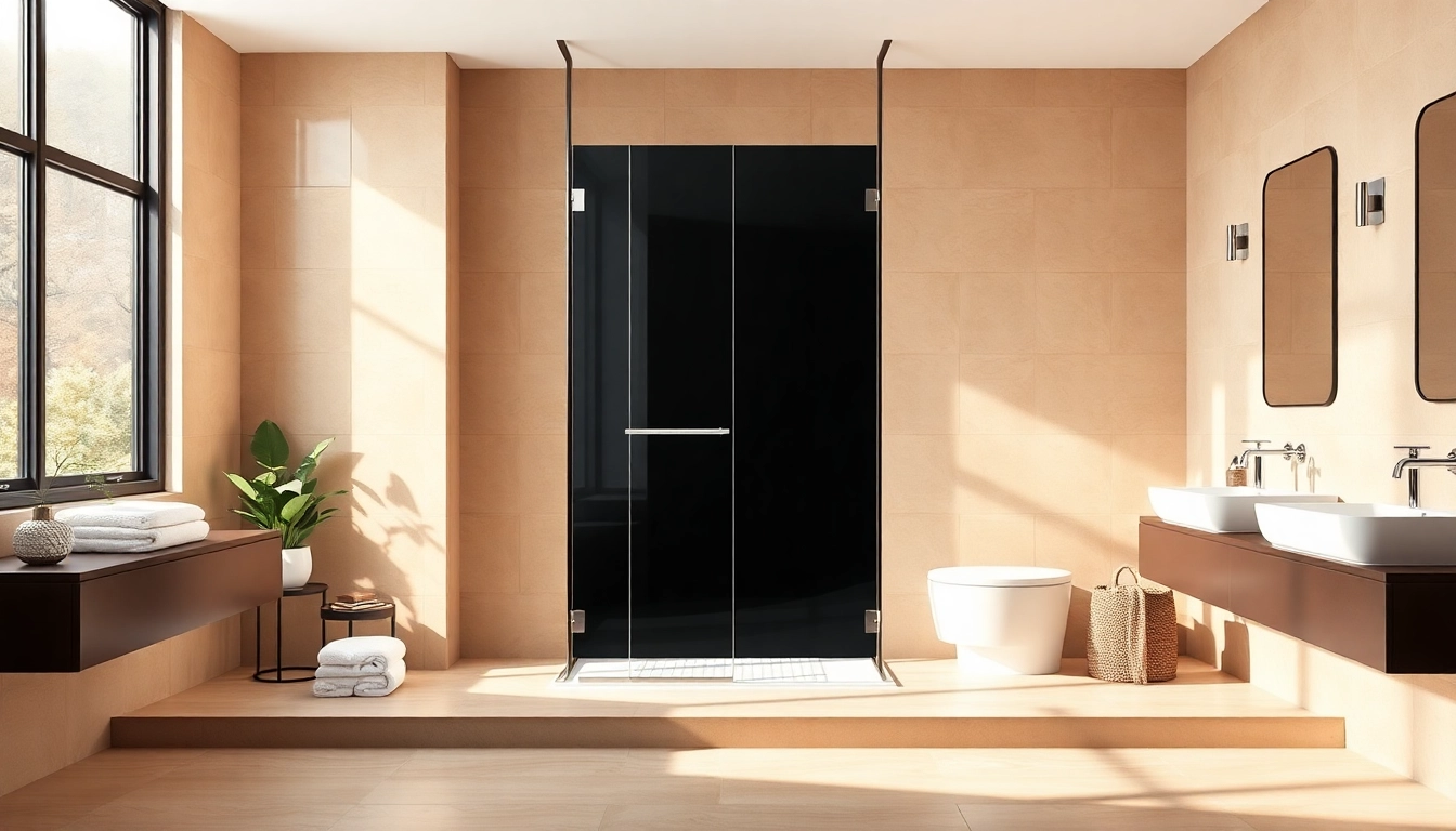Enhance your space with a stylish black shower door in a modern bathroom.