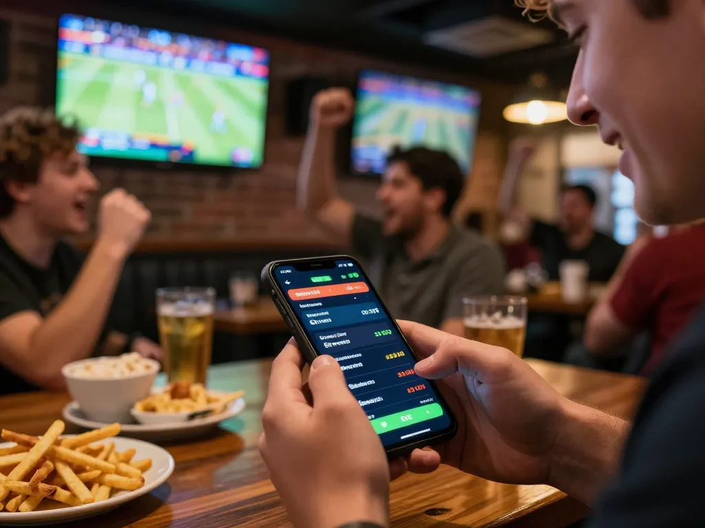 Taruhan di SBOBET dari smartphone dalam suasana bar olahraga yang menarik.