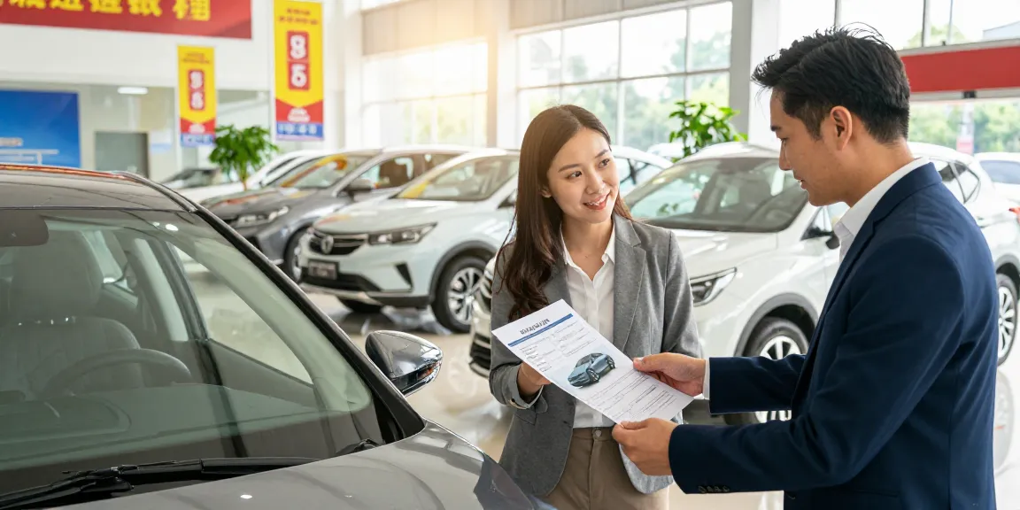 A couple reviewing a car history check UK report while examining a used car at a bright dealership.