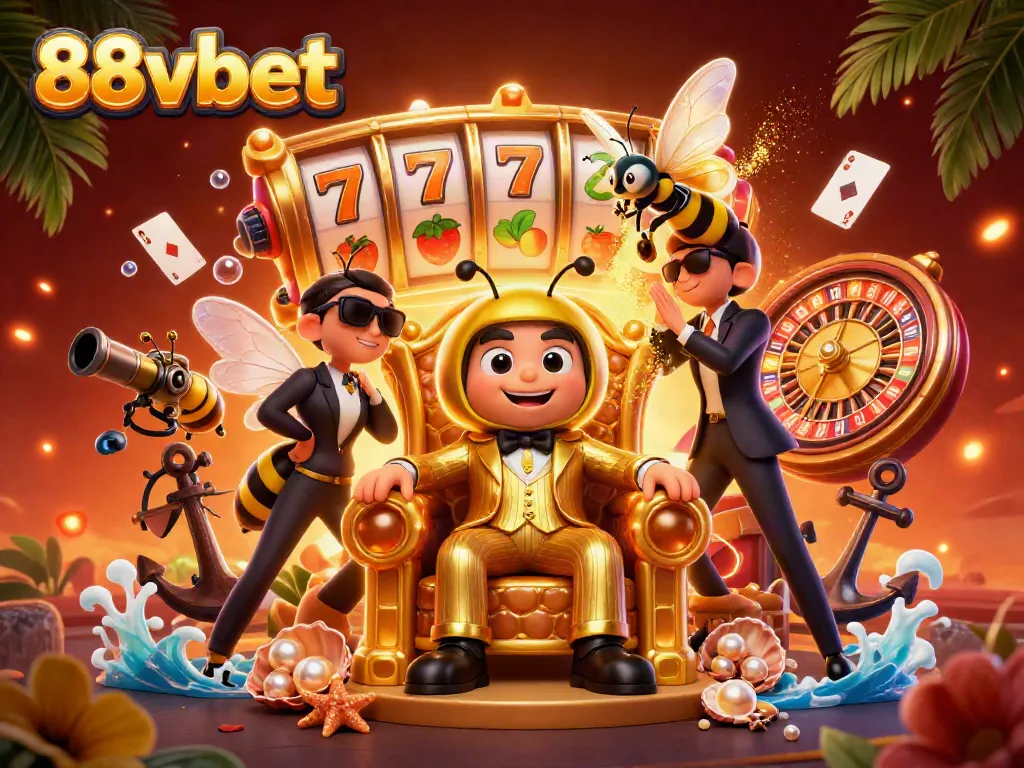 Experience exciting gaming at 88vbet with dynamic slots and casino elements in a vivid illustration.