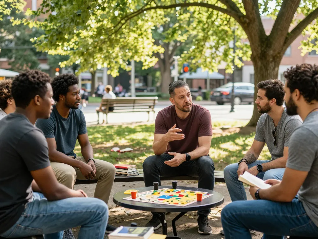 Men's community gathering at a park sharing experiences and supporting each other at manclub.