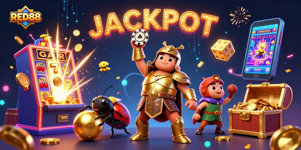 Experience thrilling wins with RED88 as a golden beetle celebrates a jackpot casino scene.