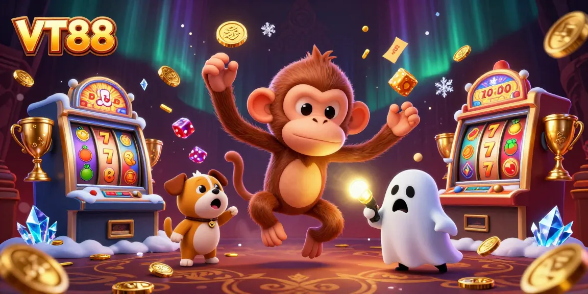 VT88 keeps players engaged with thrilling slot reels and mischievous characters in a vibrant casino scene.