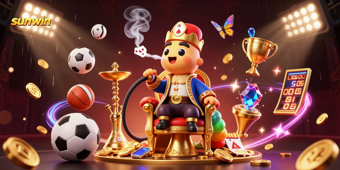 Engage with sunwin's vibrant 3D casino world featuring an enormous caterpillar in a sultan outfit surrounded by dynamic sports elements.