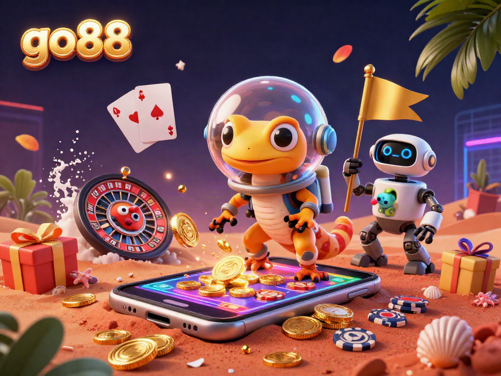 Engage with go88 in a vibrant 3D Martian casino scene featuring a playful gecko and exciting game elements.