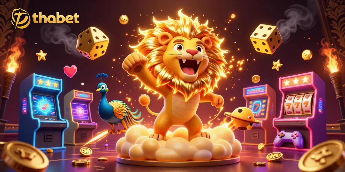 Experience thabet's thrilling games with dynamic visuals of a sun lion, golden dice, and arcade elements