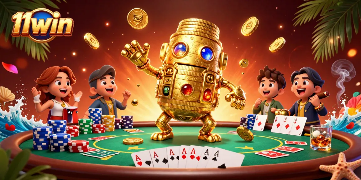 11win showcases exciting poker dynamics with golden golem and vibrant casino elements.