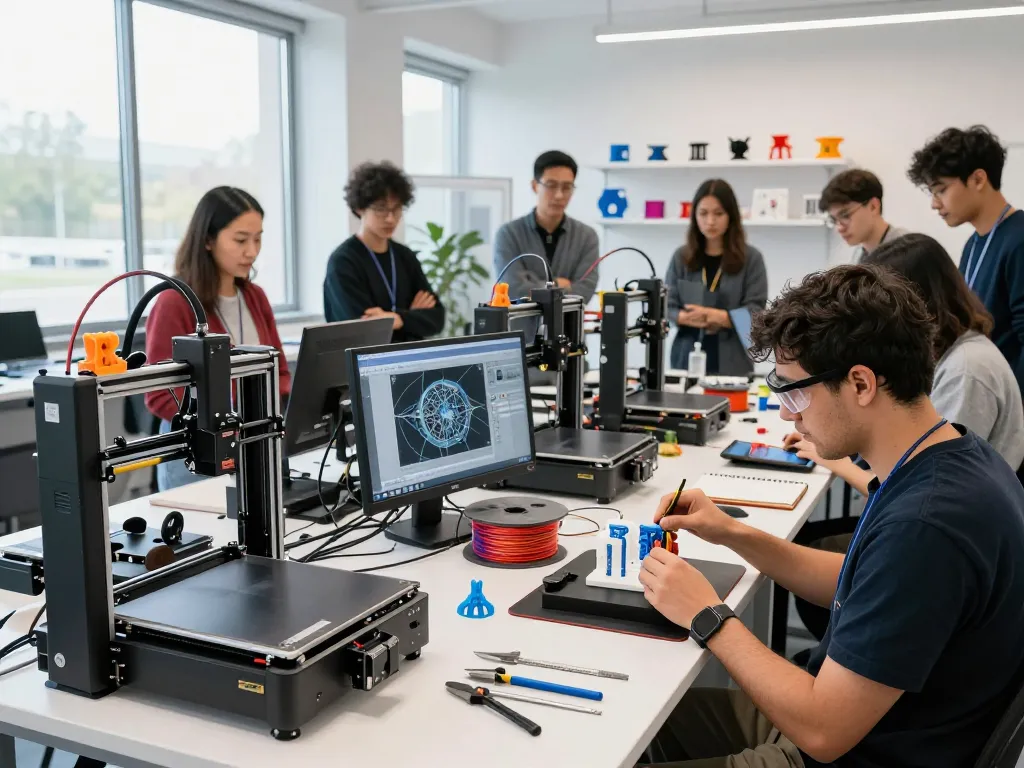 Technician demonstrating 3D printing techniques in a modern workshop filled with advanced equipment.
