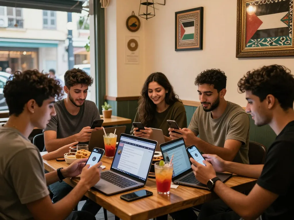 Engaging دردشة فلسطين scene in a café with young people chatting and connecting.