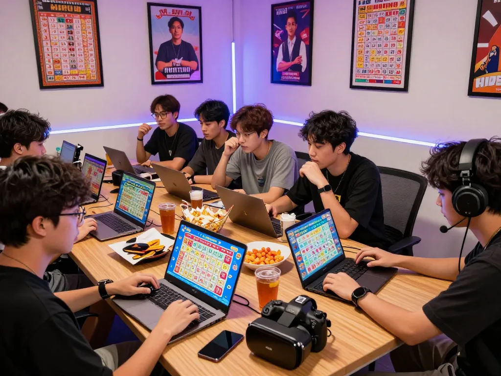 Suasana permainan HK Lotto yang dinamis dengan pemain terlibat secara online melalui grafik warna-warni dan camilan.