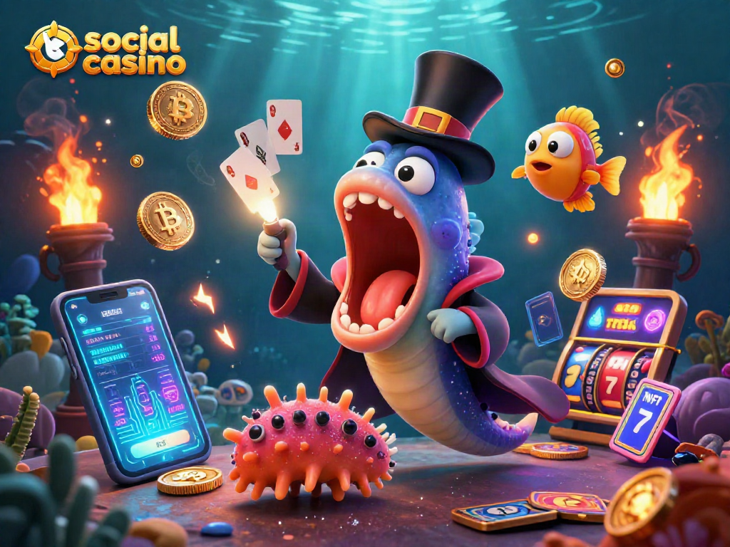 Engage in social casino gaming with a vibrant underwater scene featuring cartoon characters and cryptocurrency.