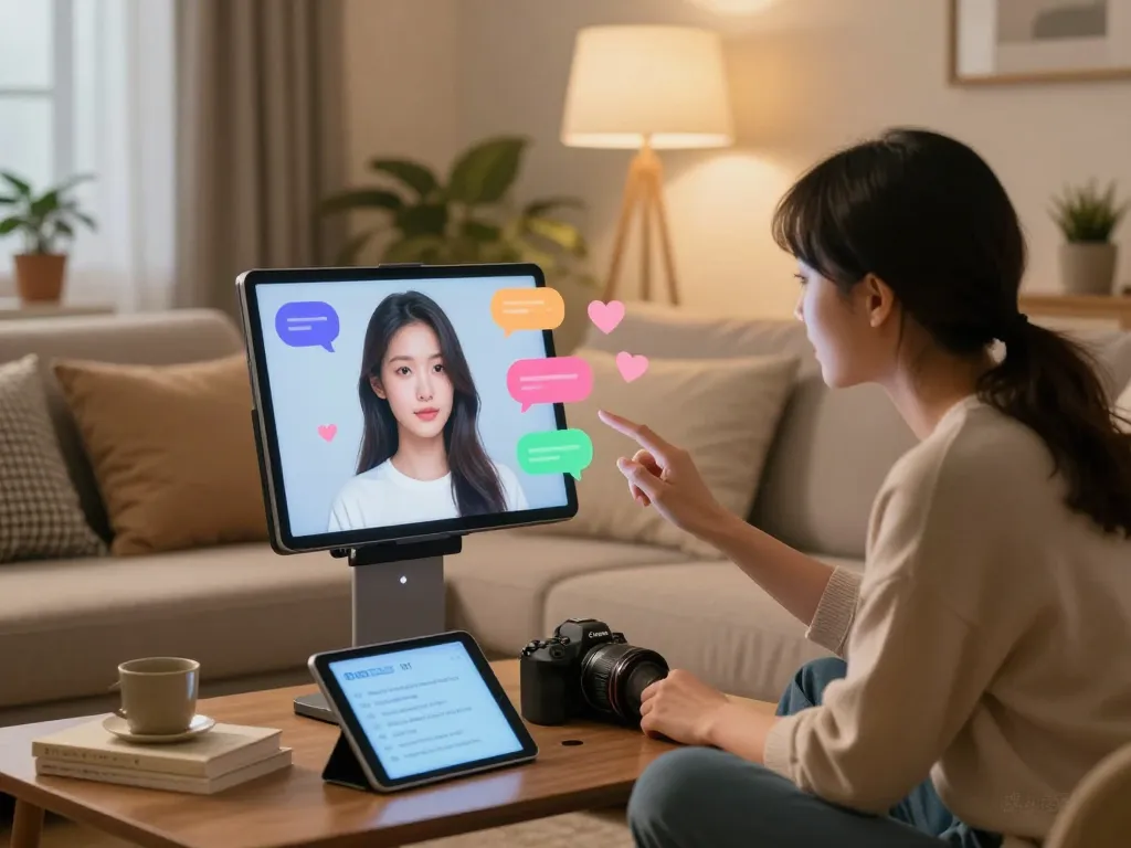 Interactive AI gf conversation in a cozy living room with a smart device.