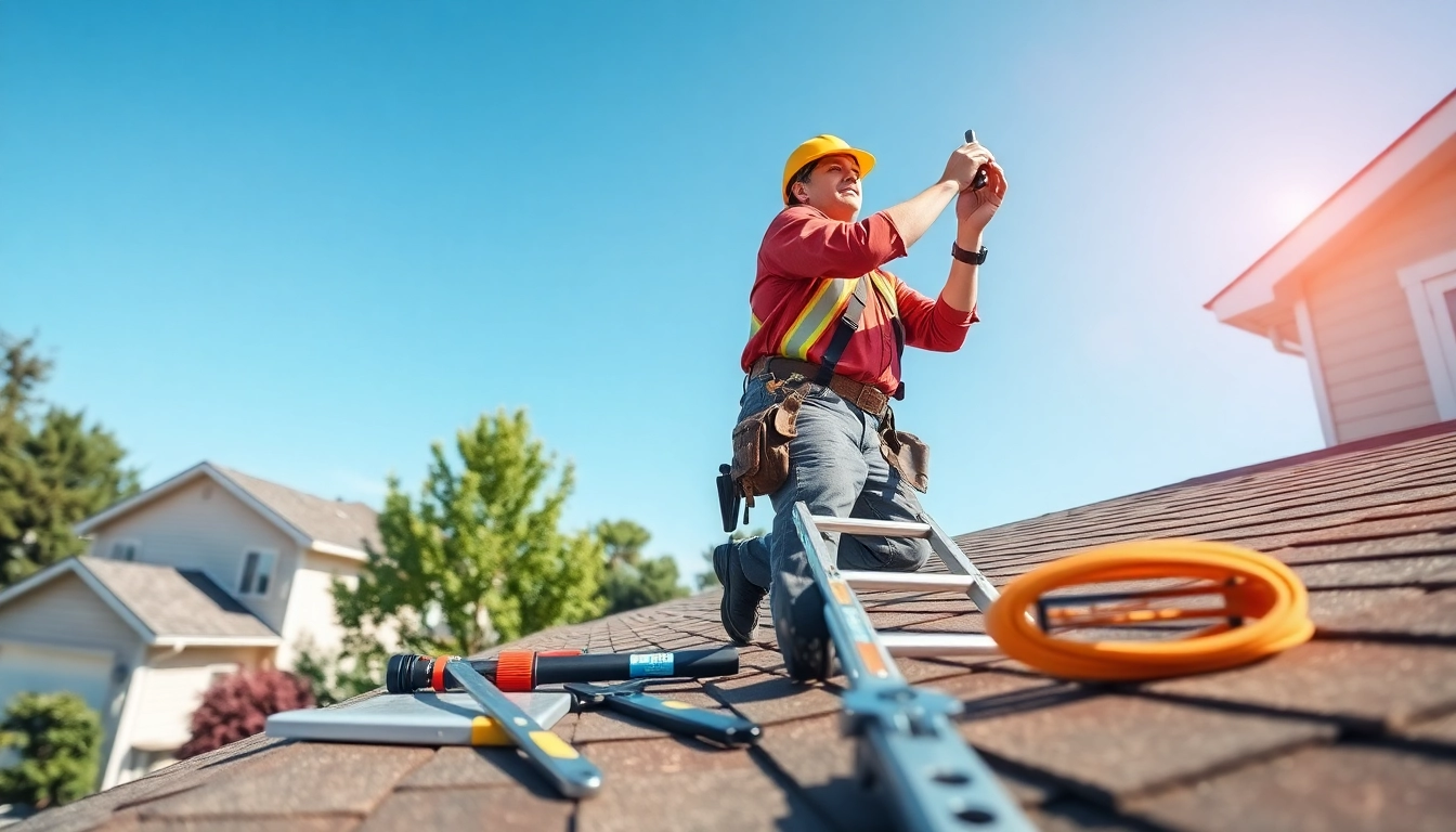 Roofing contractor inspecting shingles on a house, demonstrating expertise and safety.