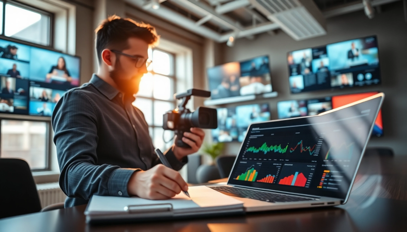Crafting a Video content strategy in a modern office with dynamic visuals and metrics.