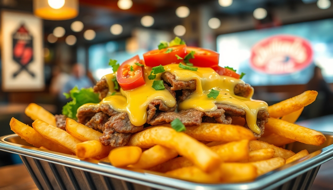 Kapsalon dish with fries, döner meat, and melted cheese served in a tray.
